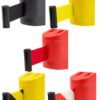 Cinta retráctil de seguridad en varios colores. Cinta separadora retráctil de 2 m de longitud con sistema de anclaje a pared.