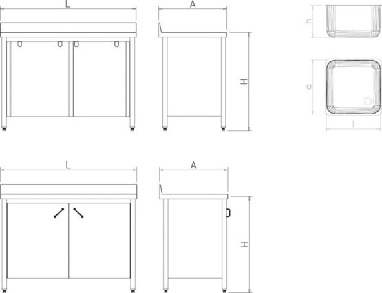 Fregaderos con Puertas Abatibles sin Escurridor esquema medidas