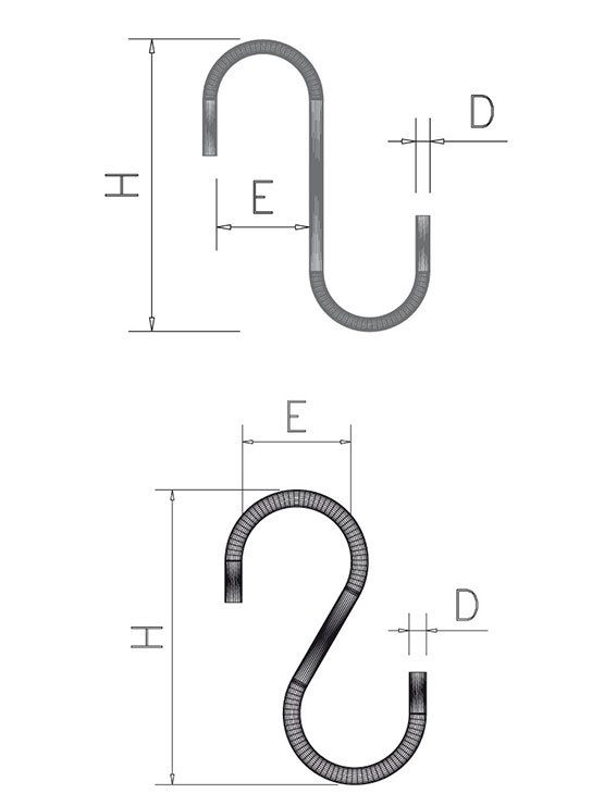 Gancho de Varilla modelo S sin puntas medidas y modelos