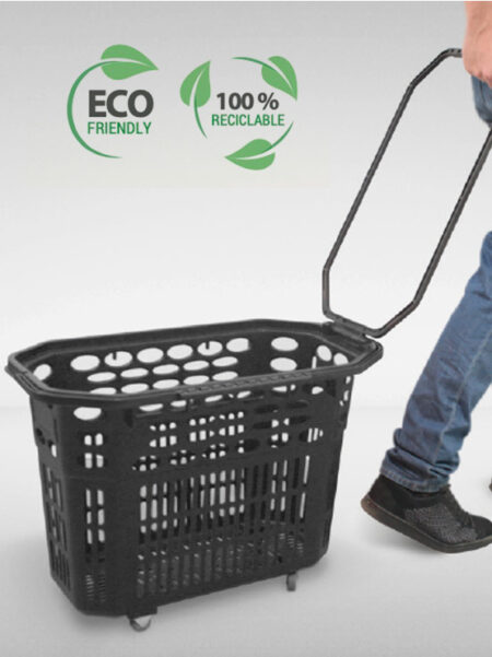 Cesta de plástico con ruedas para autoservicio, eco-friendly, 100% reciclable