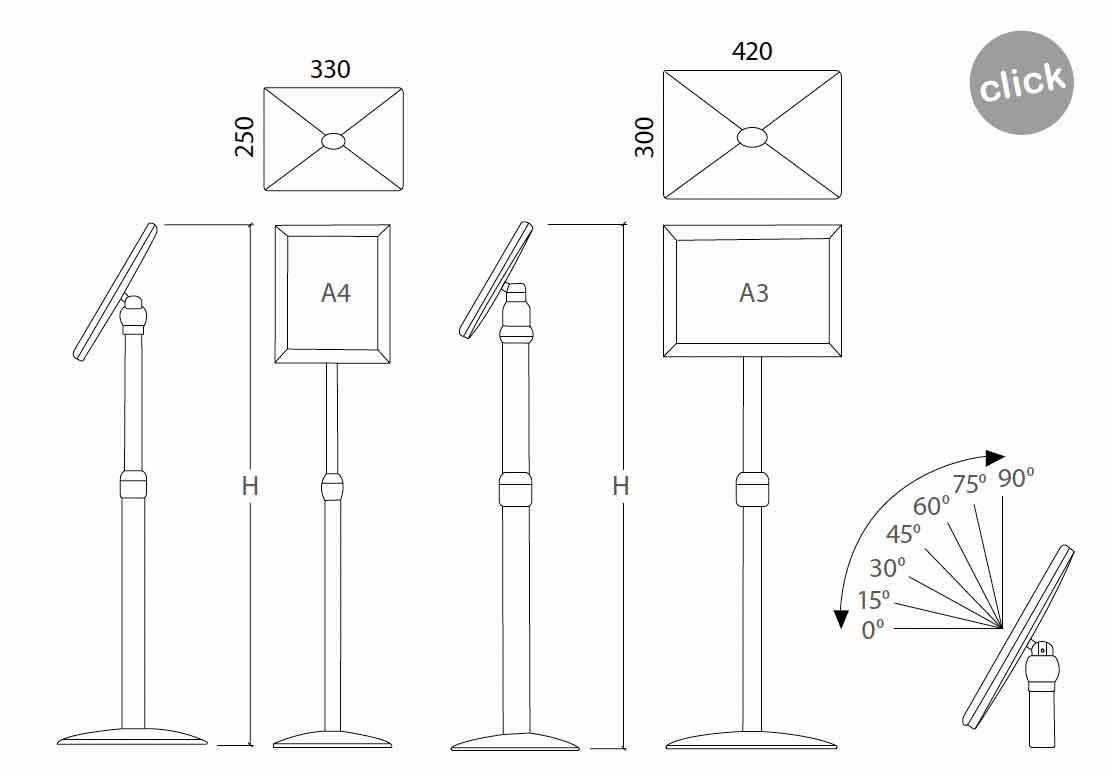 Medidas del porta Menús ajustable de aluminio para cartas de restaurantes